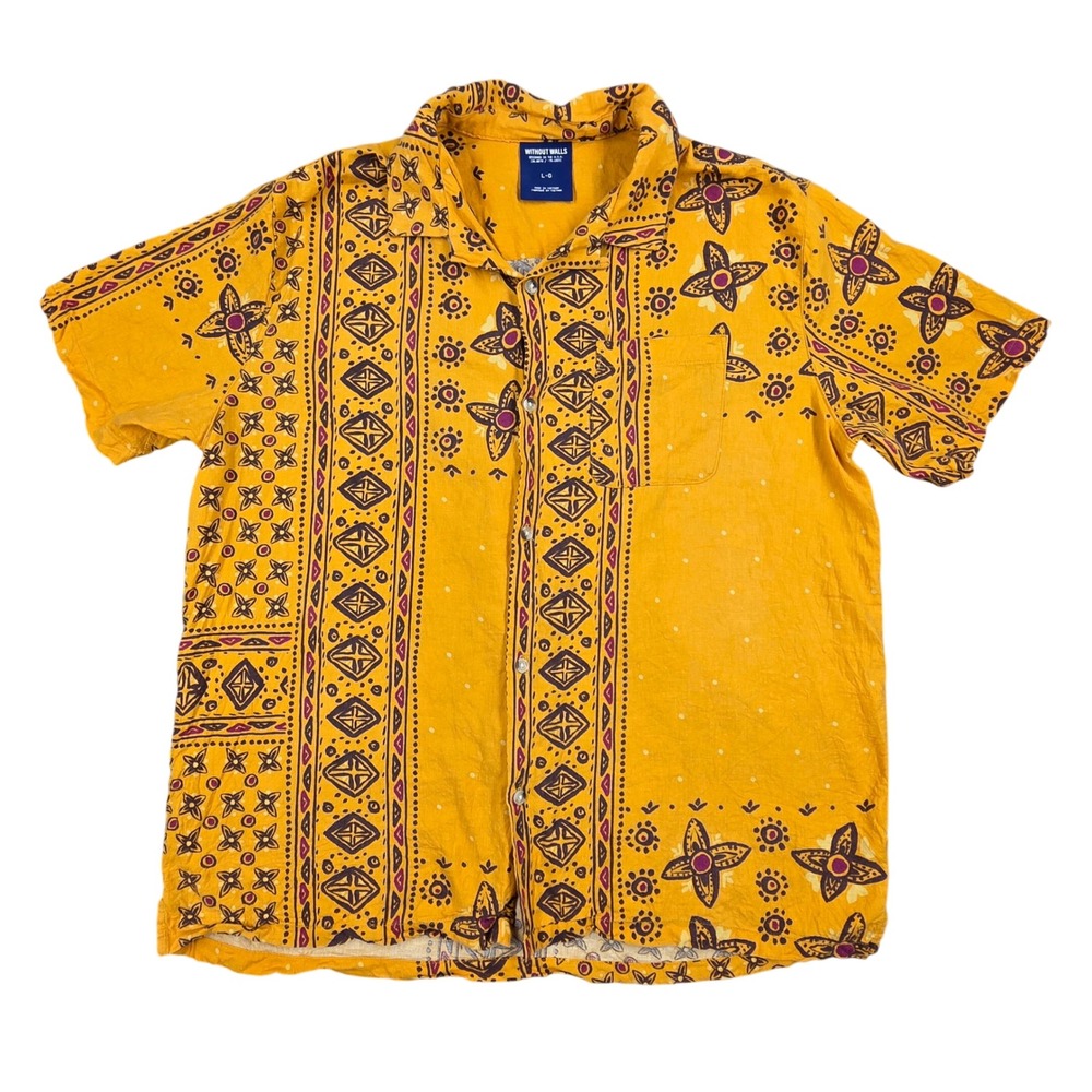 Without Walls Mens Large Mustard Yellow Boho Geometric Print Camp Shirt L